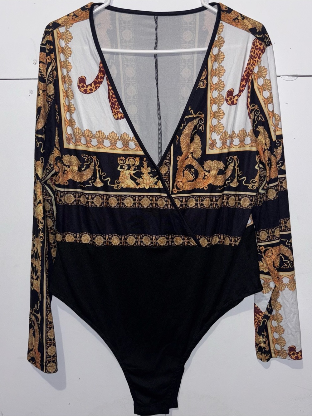 SHEIN Black & Gold Baroque Long-Sleeve Bodysuit
